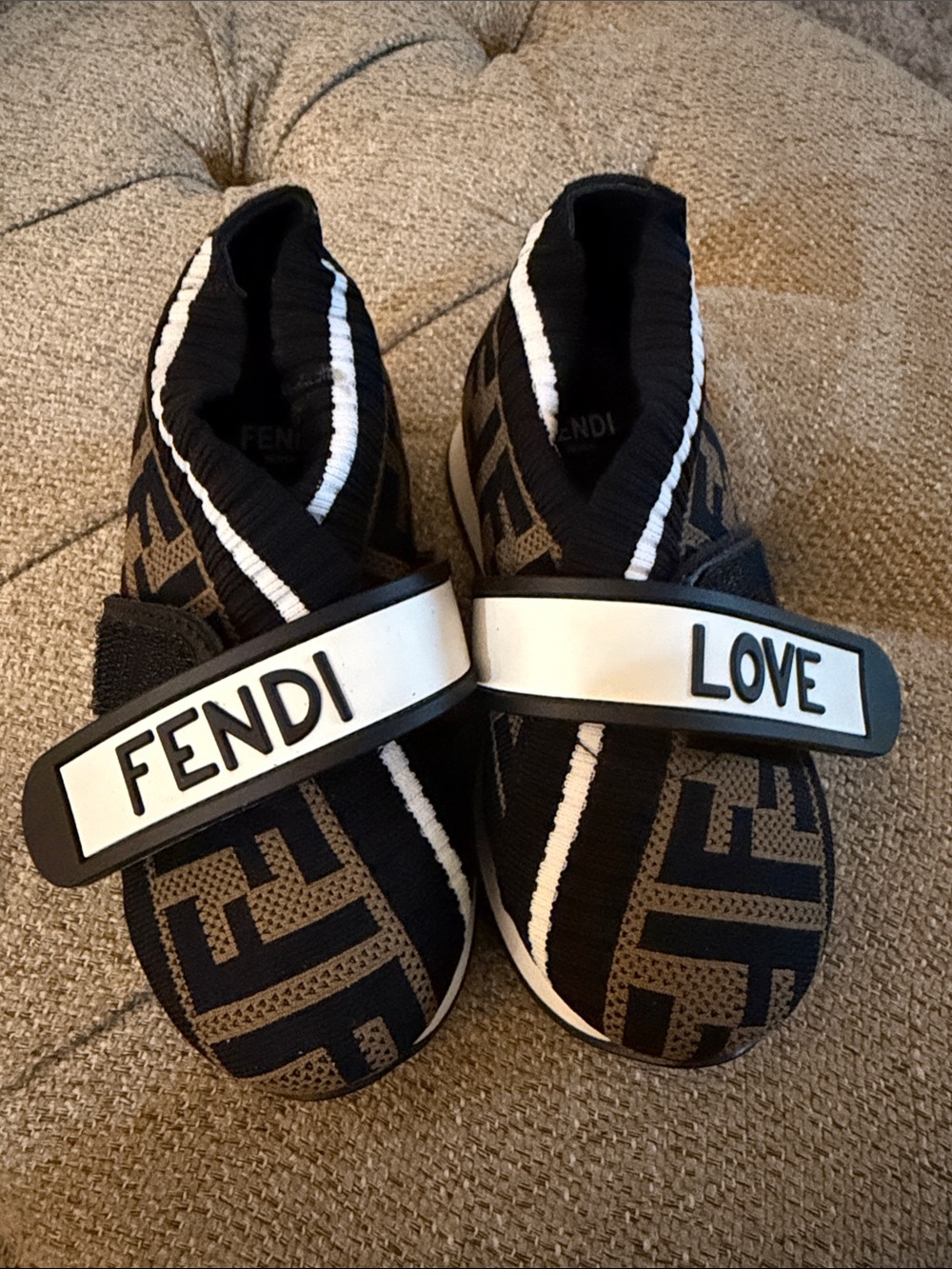 New Fendi toddler Black, Brown & White FF Logo Slip-On Sneakers with LOVE Strap.